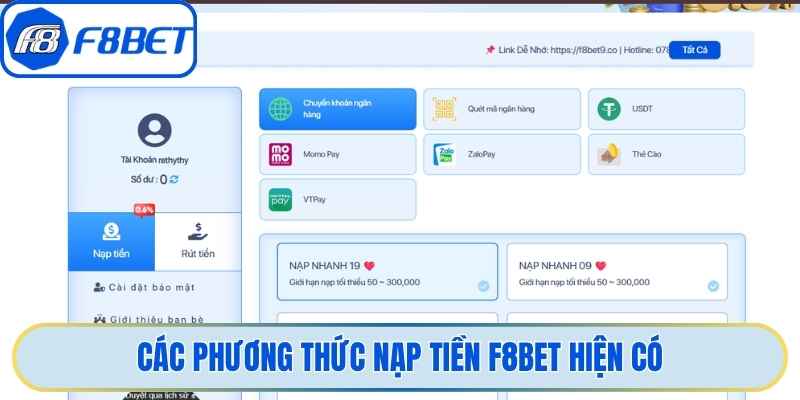 Các phương thức nạp tiền F8bet hiện có